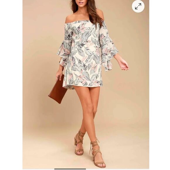 Lulus Sun Drenched Daydream Beige Floral Print Off the Shoulder Dress - Picture 2 of 14